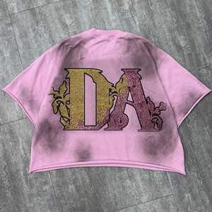 T-shirt court unisexe pour homme, personnalisé, 100 % coton, avec strass vintage, motifs graphiques, effet vieilli, coupe oversize - Product Image 3