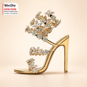 <span class=keywords><strong>Sandalias</strong></span> de Novia para <span class=keywords><strong>Mujer</strong></span>, con Cristales Dorados, Flores y Pedrería, Diseño en Espiral para la Pierna, Punta Abierta, Tacón de Aguja, MOQ <span class=keywords><strong>Bajo</strong></span>, OEM, ODM - Product Image 1