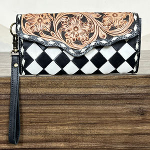 Nouveauté Portefeuille Long à Poignet en Cuir Noir et Blanc à Carreaux Fait Main avec Protection RFID Porte-Cartes de Haute Qualité Pochette pour Femmes - Product Image 4