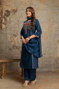 Blue Cotton Ethnic <b>Kurta</b> Palazzo Set with Hand Drawn Print and Dupatta for <b>Women</b> Casual Wear - Product Image 4