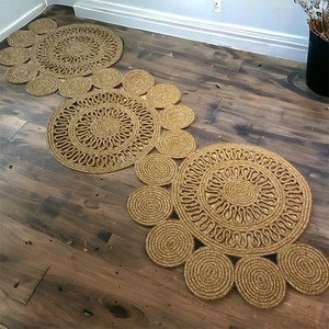 Medallion Pattern Handcrafted Flat Pile Bohemian Jute Round Area Rug <b>Kitchen</b> Floor <b>Mat</b> Non Slip Rubber Backing - Product Image 6