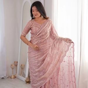 Wholesale Luxury Silk Saree with Embroidered Sequin Work | Stitched Readymade Blouse XXL 44 Inch - Product Image 1