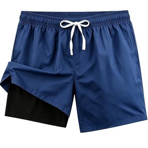 Short de bain bleu marine uni, double couche, pour la natation, la course et le jogging, avec taille élastique et cordon de serrage - Product Image 1