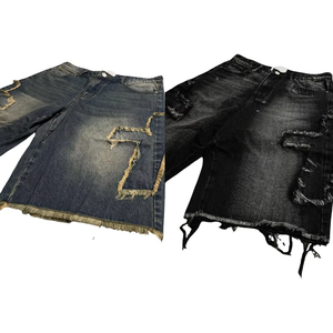 Shorts cargo en denim épais 100% coton, style urbain, taille mi-haute, deux couleurs, avec bordure patchwork effet usé - Product Image 6