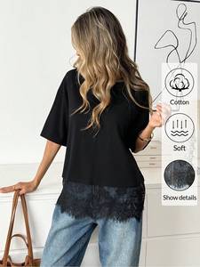 New Design women's shirt Lace Trim Hem Short Sleeve Tshirt Drop Shoulder Solid Chic Custom Branding DTG 100% Cotton Wear Stylish - Product Image 5