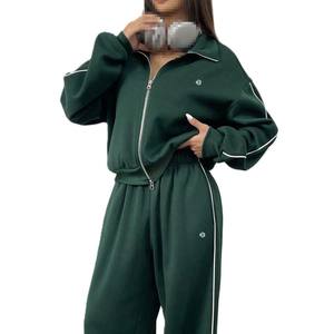 Ensemble de survêtement zippé pour femme avec veste à passepoil contrastant et pantalon large, coupe décontractée, vêtements de sport athlétiques, approvisionnement en gros OEM - Product Image 2