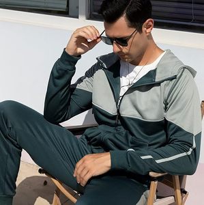 Survêtement bleu kaki à blocs de couleur pour homme, logo personnalisé, 2 pièces, sweat à capuche entièrement zippé et pantalon de jogging avec options de taille - Product Image 5