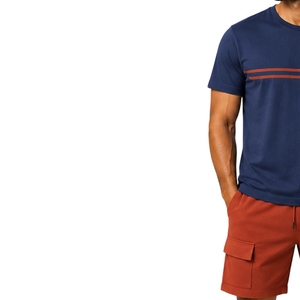 Conjunto de camiseta y pantalones cortos para hombre, azul marino y color óxido, cuello redondo, manga corta, top con bolsillo, pantalones cortos cargo con cordón, ropa deportiva informal de verano - Product Image 4