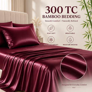 Burgundy 300 TC Bamboo Sheet <b>Set</b> Silky Smooth Bed Linen for Luxury Bedrooms | Cooling Breathable Moisture Wicking Hotels <b>Bedding</b> - Product Image 6