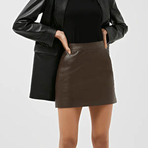 Jupe crayon sexy en cuir véritable marron foncé pour femme, style gothique, taille naturelle, déchirée, couleur unie, pour clubbing - Product Image 1