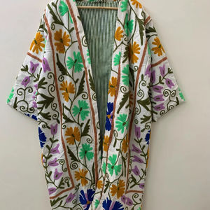 Bata larga tipo kimono de algodón bordada estilo hippie Suzani, chaqueta kimono bordada a mano, chaqueta holgada, bata de casa - Product Image 1