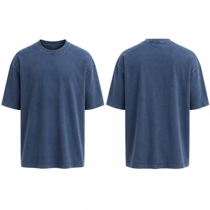 เสื้อยืดคอกลมแขนสั้นทรงโอเวอร์ไซส์สีน้ำเงินล้วนผ้าฝ้ายเจอร์ซีย์สำหรับผู้ชายสไตล์ลำลอง - Product Image 4