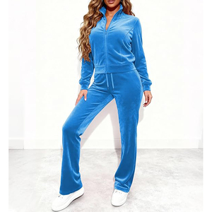 Conjunto de pantalones jogger con puños, material afelpado suave, cremallera frontal completa, dos bolsillos, cintura con cordón, top corto de terciopelo, chándal - Product Image 3