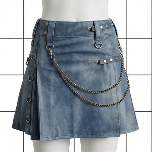 Women High <b>Waist</b> Faux Leather A-Line Mini Skirt With <b>Chain</b> Decoration Punk Style Solid Color Woven Fabric - Product Image 1