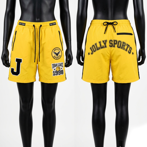 Pantalones cortos de mujer premium de poliéster ligero de 110 GSM, cortavientos, color amarillo, con parche bordado, logo aplicado y bolsillo con cremallera. - Product Image 5