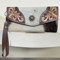 Portefeuille long en cuir véritable de vachette de haute qualité pour femme, avec blocage RFID, porte-cartes et pochette à monnaie, fait main, orné d'un concho