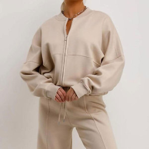 Women's Beige Tracksuit Set Full Zipper Crew Neck Long Sleeve Loose Fit Solid Color Casual Autumn Wear 100% Cotton - Product Image 4