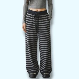 Pantalon large rayé en coton tricoté pour femme, coupe décontractée, taille élastique mi-haute, longueur complète, style automne, avec cordon de serrage - Product Image 4