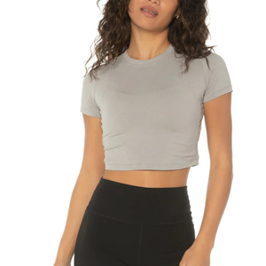 T-shirt court ajusté pour femme, manches courtes, col rond, extensible, décontracté, coupe slim, pour yoga, gym, fitness, vêtement de sport - Product Image 4