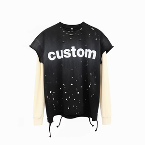 เสื้อยืดแขนยาวสีเทาแบบโอเวอร์ไซส์ แต่งขอบตัดต่อและเว้าช่วงตัว คอทรงโอ สไตล์สตรีท สำหรับผู้ชาย ผ้าเจอร์ซีย์คอตตอน - Product Image 2