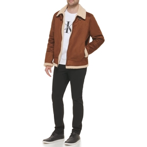 Veste en cuir suédé marron pour homme avec doublure en fausse fourrure, fermeture éclair, col rabattu, manteau d'hiver décontracté, coupe ajustée, longueur normale - Product Image 1
