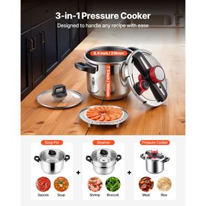 Pentola a Pressione in Acciaio Inox da 8 Litri con Coperchio in Vetro Temperato e Griglia per Cottura a Vapore, Compatibile con Fornelli a Induzione, Tre Livelli di Pressione - Product Image 2
