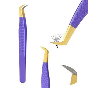 Pince à épiler pour extensions de cils en acier inoxydable, revêtement poudré violet, best-seller, avec pointe en fibre dorée pour l'application des cils - Product Image 1