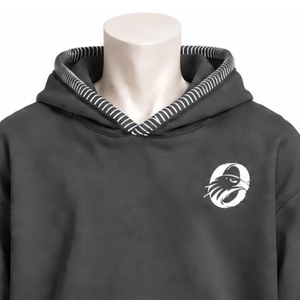 Charcoal Gray Stitched Border Distressed Pullover <b>Hoodie</b> <b>Oversized</b> Sweatshirt Contrast <b>Stitch</b> Kangaroo Pocket Casual Streetwear - Product Image 3
