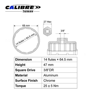 Llave de vaso para extracción de filtro de aceite TAIWAN CALIBRE, 14 estrías x 64.5mm x 3/8"Dr, herramienta para filtro de aceite Toyota - Product Image 4