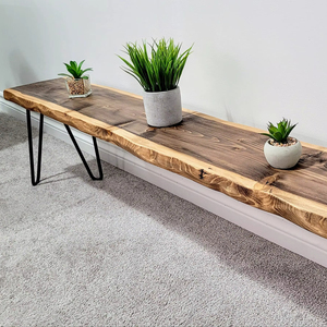 Banco de 8 pulgadas de profundidad con borde natural, asiento de madera maciza con patas de metal, banco rústico hecho a mano para entrada, mueble de madera con borde natural - Product Image 1