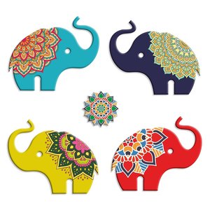 Décoration murale en bois MDF avec des éléphants colorés de style bohème pour le salon, imprimé décoratif à accrocher - Product Image 5