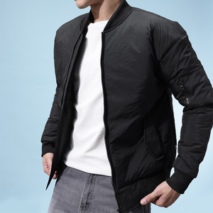 Men'<b>s</b> Black Bomber <b>Jacket</b> Polyester Windproof Zipper Closure Stand Collar Casual Winter Wear Thick Padded Design - Product Image 4