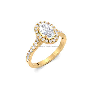 Bague de fiançailles en moissanite, taille ovale, avec halo, en or jaune, pavée, pour mariage, promesse ou anniversaire, pour femme - Product Image 1