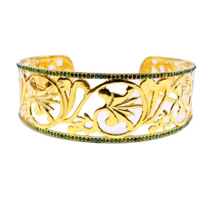 925 <b>Silver</b> Vintage Gold Plated <b>Cuff</b> <b>Bracelet</b> With Green Rhinestone Inlay Plant Pattern Women's Alloy Jewelry - Product Image 5