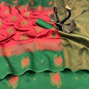 DESGASTE DE FIESTA KUBERA PATTU SEDA ZARI TEJIDO SAREE CON BLUSA DESCOSADA PERROT VERDE - Product Image 1
