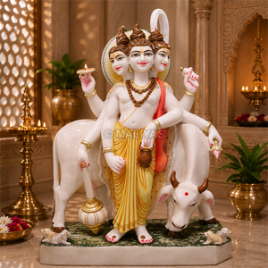 Premium Marble Lord Dattatreya Statue with Kamadhenu Cow | Handcrafted White Marble Dattatreya Murti | MALIYAS Jaipur - Product Image 1