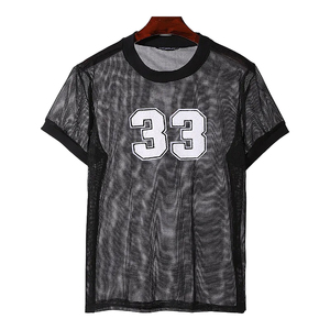 Camiseta de malla para mujer, cuello redondo, manga corta, estampado con logotipo, transpirable, holgada, estilo sexy para discoteca, primavera y verano, color blanco - Product Image 4