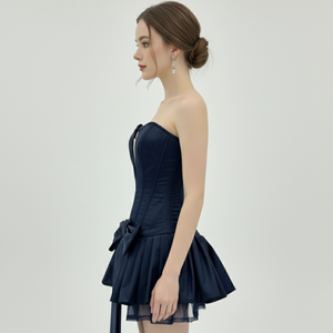 Vestido Mini Corsé sin Tirantes para Mujer, Azul Marino, Satinado, con Varillas, Estilo Bustier con Lazo, Falda Plisada, Sexy, para Fiesta, Personalizado OEM - Product Image 2