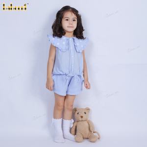 Blue ODM Wholesale Girls Clothing Sets Casual Smocked with Character Pattern Hand Embroidered Floral Collar 100% Cotton-DR4079 - Product Image 5