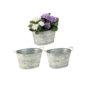 Ensemble de 3 jardinières en métal galvanisé rustique blanc avec poignées en corde, design ovale, pour la décoration extérieure du jardin - Product Image 1