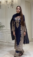 Ensemble Kurti Palazzo Dupatta en Georgette bleu foncé avec broderie de sequins, tenue de soirée élégante, robe ethnique pour femmes