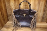 Sac fourre-tout en cuir véritable gaufré crocodile avec franges, poignées supérieures et bandoulière