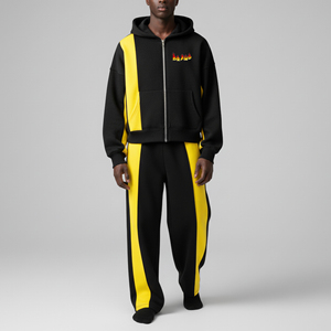 Men's Black Yellow Color Blocking Hoodie Sweatshirt <b>Set</b> Street Style Zip-Up Tracksuit Polyester Cotton FRENCH TERRY Autumn Wear - Product Image 4