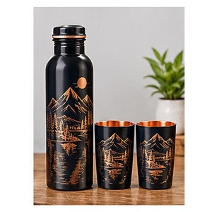 Juego de botellas de agua de cobre con diseño floral, acabado azul y cobre, portátil para viaje, con tapas. - Product Image 3
