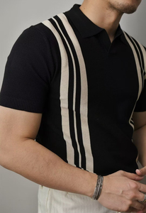 เสื้อโปโลถักพรีเมียมสำหรับผู้ชาย ดีไซน์ลายทางแนวตั้ง แฟชั่นลำลองสุดหรูสำหรับฤดูร้อน ทรงเข้ารูป แขนสั้น ระบายอากาศได้ดี เนื้อผ้านุ่ม - Product Image 3