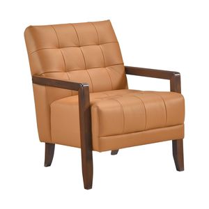 Poltrona Moderna in Pelle Arancione con Dettagli Trapuntati e Finitura in Legno di Noce per Soggiorno - Product Image 1