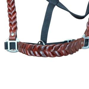 Braided Leather Horse <b>Halter</b> with Padded Crown Adjustable Nylon Rope Design Durable Cob Full Size Riding - Product Image 3