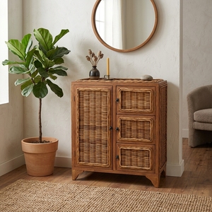 New Modern Minimalist Lombok Wooden <b>Storage</b> Cabinet Natural Rattan Wicker 1 Large Door 3 Drawers Side Table Unit Living Room <b>Bed</b> - Product Image 4