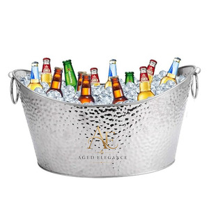 Large Hammered Stainless Steel Oval <b>Ice</b> Bucket With Ring Handles Heavy Duty Party Beer Wine Beverage Tub For Wedding & Party - Product Image 1