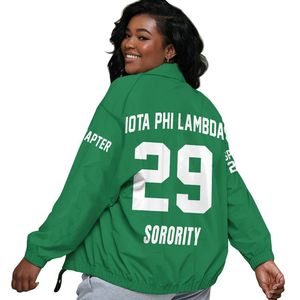 Veste universitaire personnalisée pour femmes Iota Phi Lambda, vert émeraude, avec blason à lettres grecques sur le devant et le dos, numéro et année, style bomber - Product Image 2